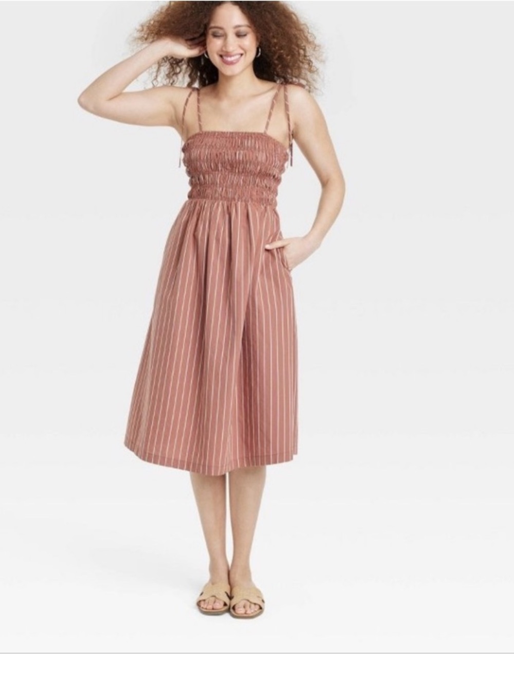 A NEW DAY MIDI SMOCKED SPAGHETTI STRAP TIE DRESS NEW